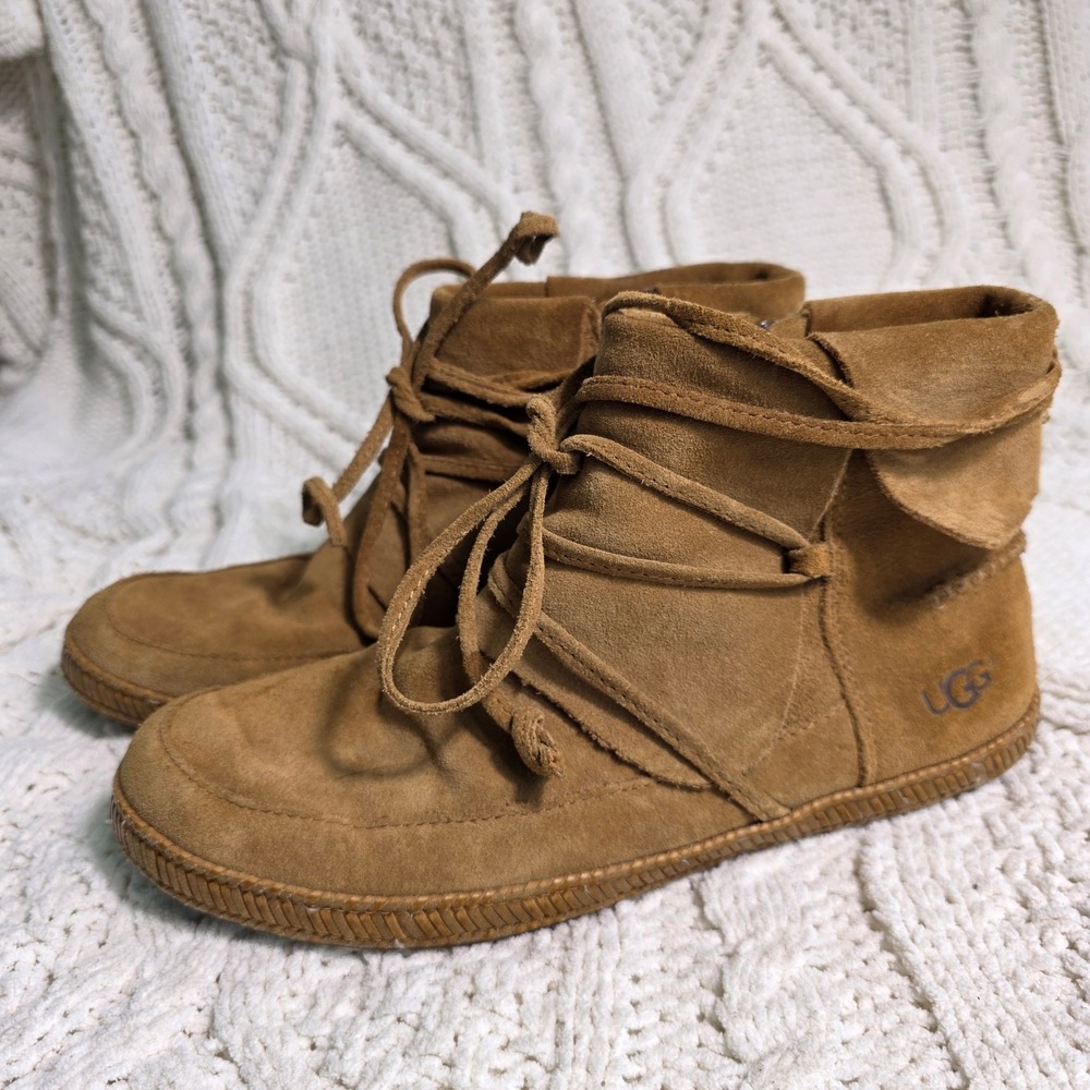 UGG Kestrel Flat Ankle Boots Chestnut Suede Lace Up Shearling Women 7 Excellent